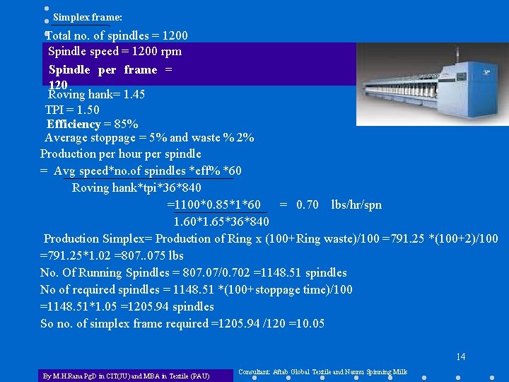 Simplex frame: Total no. of spindles = 1200 Spindle speed = 1200 rpm Spindle