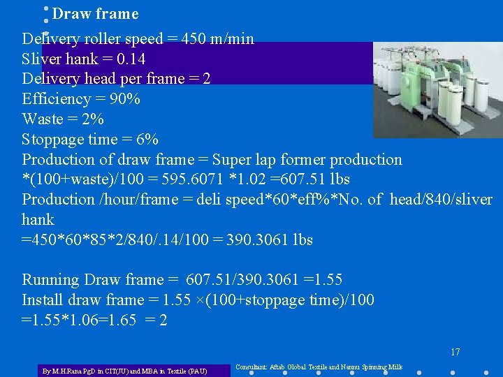 Draw frame Delivery roller speed = 450 m/min Sliver hank = 0. 14 Delivery