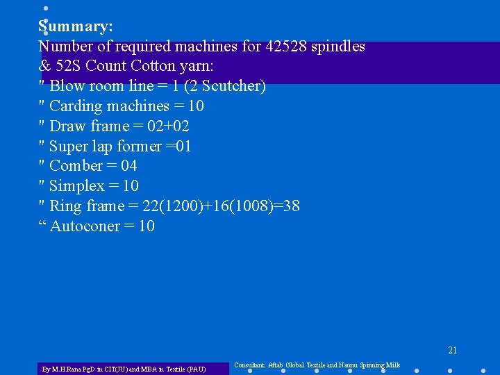 Summary: Number of required machines for 42528 spindles & 52 S Count Cotton yarn:
