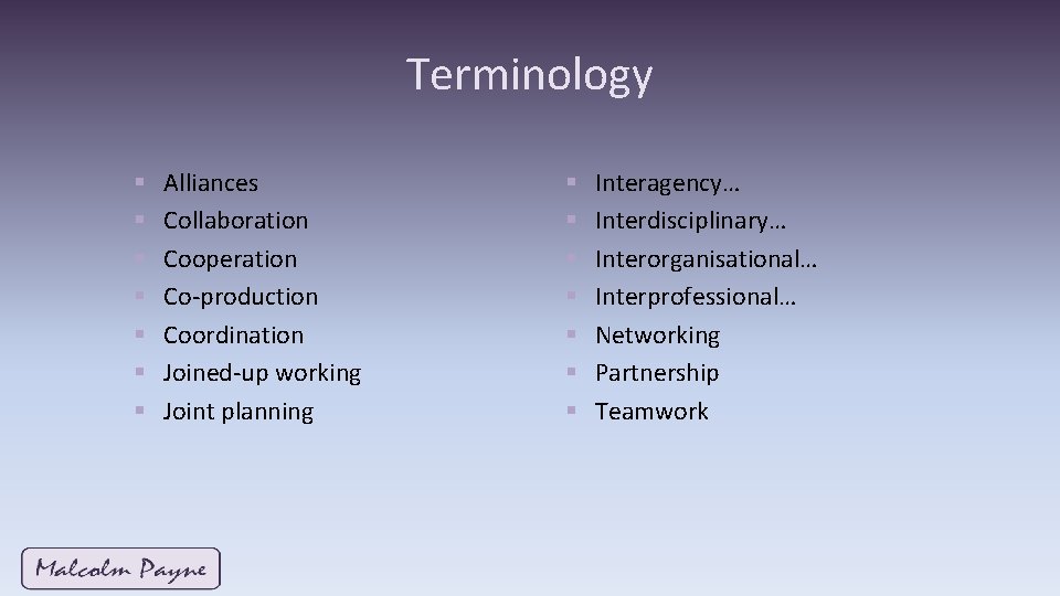 Terminology § § § § Alliances Collaboration Cooperation Co-production Coordination Joined-up working Joint planning Terminology § § § § Alliances Collaboration Cooperation Co-production Coordination Joined-up working Joint planning