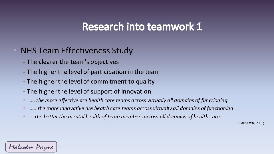 Research into teamwork 1 § NHS Team Effectiveness Study - The clearer the team's Research into teamwork 1 § NHS Team Effectiveness Study - The clearer the team's