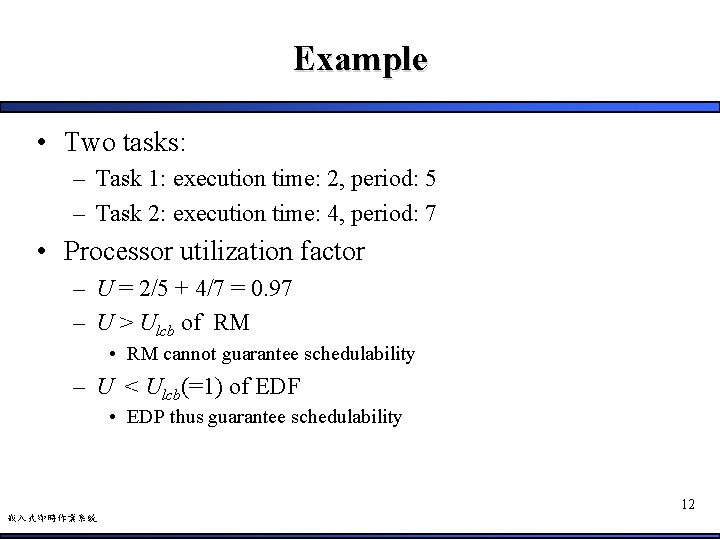 Example • Two tasks: – Task 1: execution time: 2, period: 5 – Task