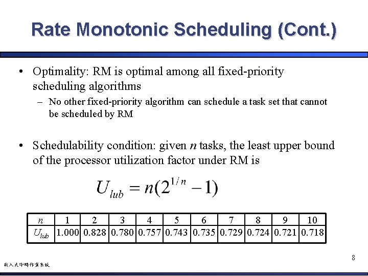Rate Monotonic Scheduling (Cont. ) • Optimality: RM is optimal among all fixed-priority scheduling