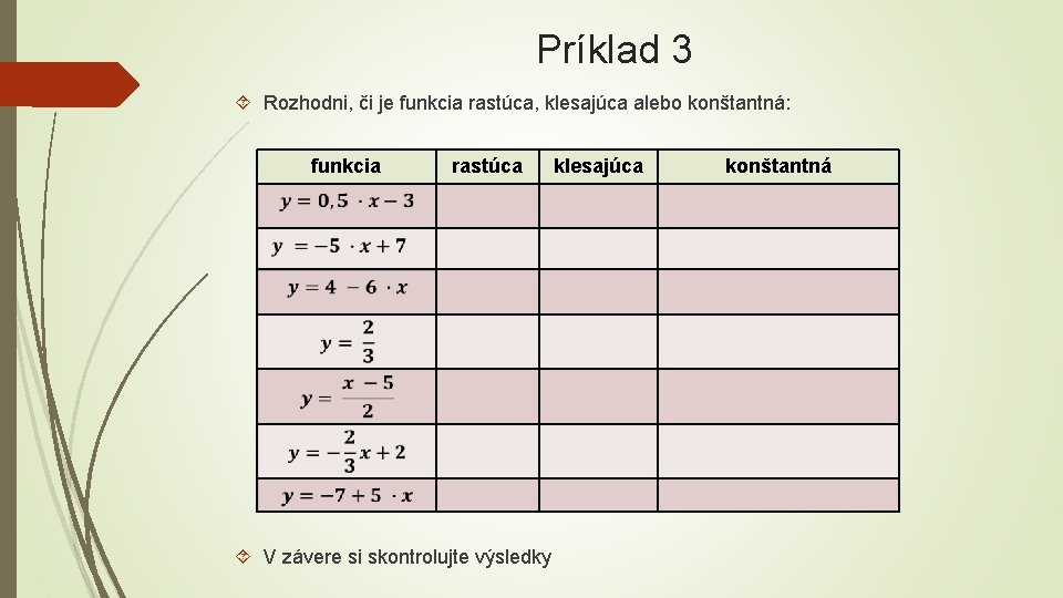 Príklad 3 Rozhodni, či je funkcia rastúca, klesajúca alebo konštantná: funkcia rastúca V závere