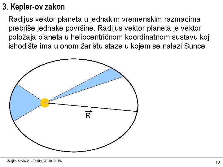 3. Kepler-ov zakon Radijus vektor planeta u jednakim vremenskim razmacima prebriše jednake površine. Radijus