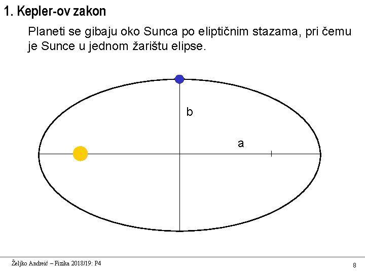 1. Kepler-ov zakon Planeti se gibaju oko Sunca po eliptičnim stazama, pri čemu je