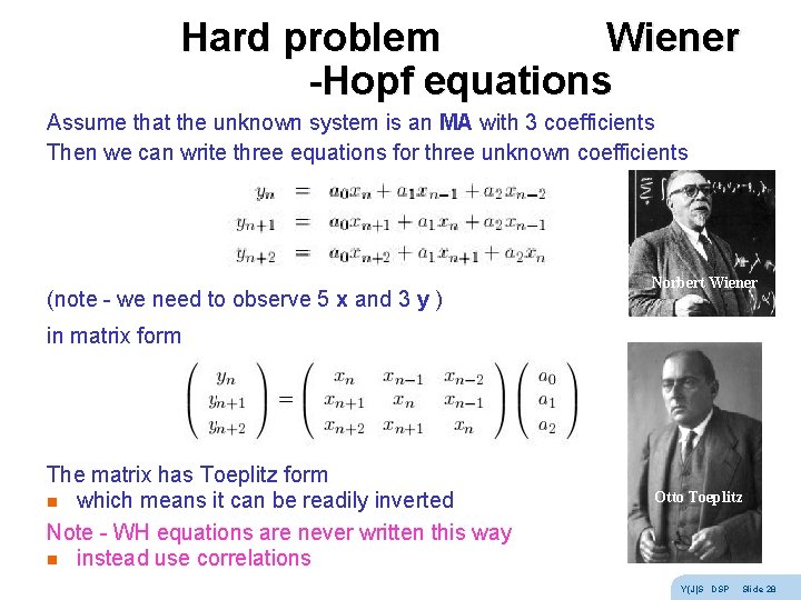 Hard problem Wiener -Hopf equations Assume that the unknown system is an MA with Hard problem Wiener -Hopf equations Assume that the unknown system is an MA with