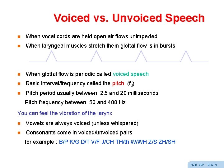 Voiced vs. Unvoiced Speech n When vocal cords are held open air flows unimpeded Voiced vs. Unvoiced Speech n When vocal cords are held open air flows unimpeded