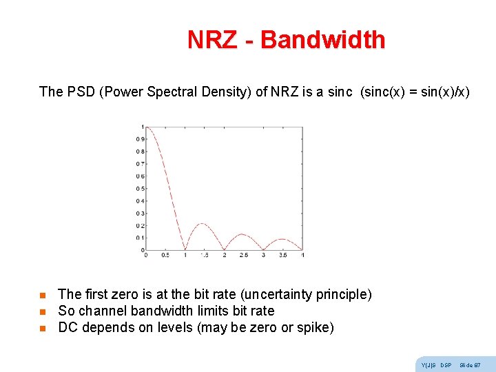 NRZ - Bandwidth The PSD (Power Spectral Density) of NRZ is a sinc (sinc(x) NRZ - Bandwidth The PSD (Power Spectral Density) of NRZ is a sinc (sinc(x)