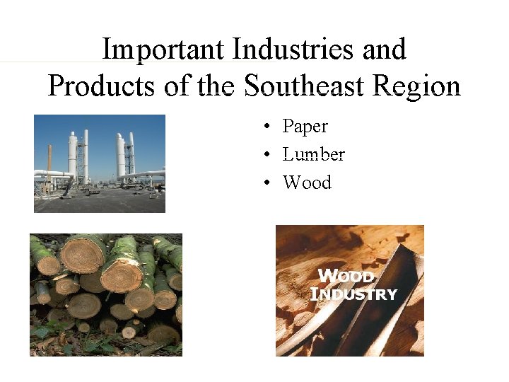Important Industries and Products of the Southeast Region • Paper • Lumber • Wood
