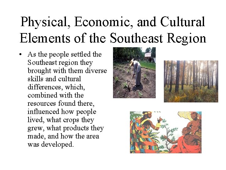 Physical, Economic, and Cultural Elements of the Southeast Region • As the people settled