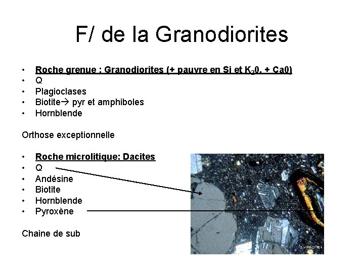 F/ de la Granodiorites • • • Roche grenue : Granodiorites (+ pauvre en