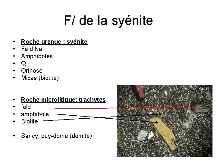 F/ de la syénite • • • Roche grenue : syénite Feld Na Amphiboles F/ de la syénite • • • Roche grenue : syénite Feld Na Amphiboles