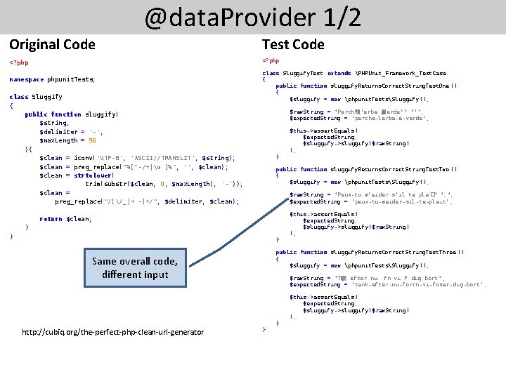 @data. Provider 1/2 Original Code Test Code <? php namespace phpunit. Tests; class Sluggify