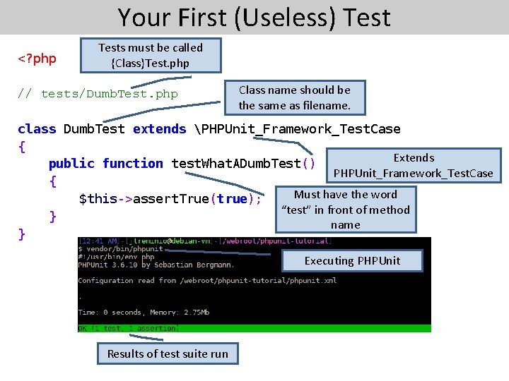 Your First (Useless) Tests must be called {Class}Test. php <? php // tests/Dumb. Test.