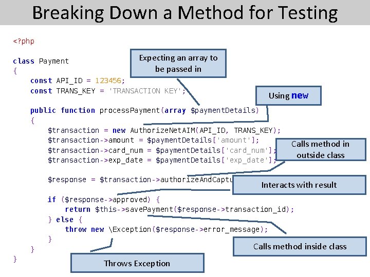 Breaking Down a Method for Testing <? php Expecting an array to class Payment