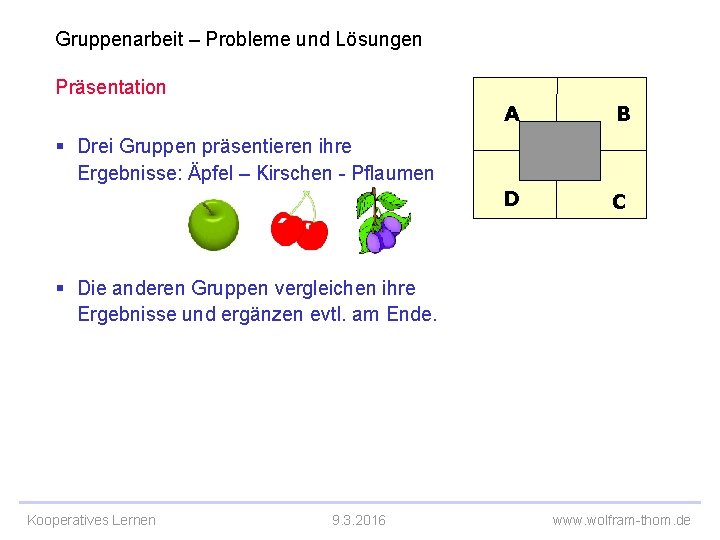 Gruppenarbeit – Probleme und Lösungen Präsentation A B D C § Drei Gruppen präsentieren