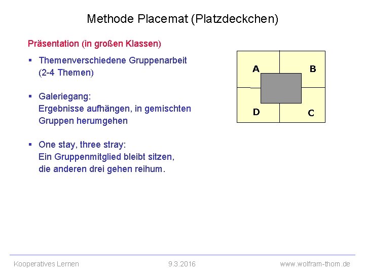 Methode Placemat (Platzdeckchen) Präsentation (in großen Klassen) § Themenverschiedene Gruppenarbeit (2 -4 Themen) A