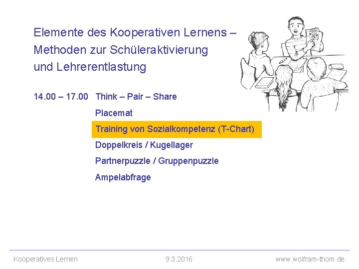 Elemente des Kooperativen Lernens – Methoden zur Schüleraktivierung und Lehrerentlastung 14. 00 – 17.