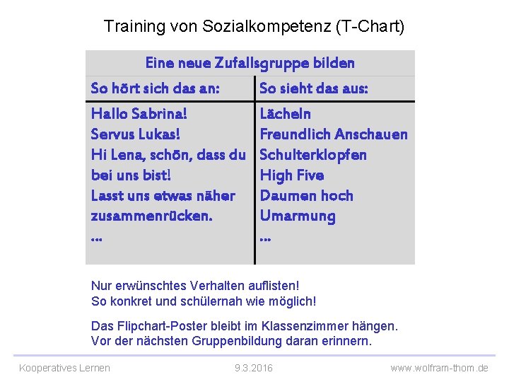 Training von Sozialkompetenz (T-Chart) Eine neue Zufallsgruppe bilden So hört sich das an: So