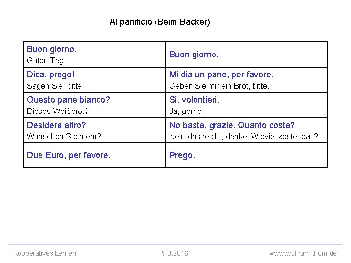 Al panificio (Beim Bäcker) Buon giorno. Guten Tag. Buon giorno. Dica, prego! Mi dia
