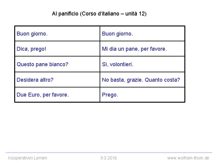 Al panificio (Corso d‘italiano – unità 12) Buon giorno. Dica, prego! Mi dia un