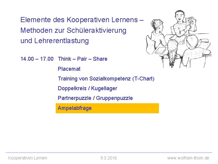 Elemente des Kooperativen Lernens – Methoden zur Schüleraktivierung und Lehrerentlastung 14. 00 – 17.