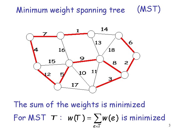 Minimum weight spanning tree (MST) The sum of the weights is minimized For MST