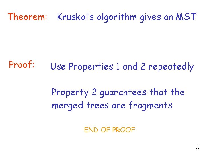 Theorem: Proof: Kruskal’s algorithm gives an MST Use Properties 1 and 2 repeatedly Property