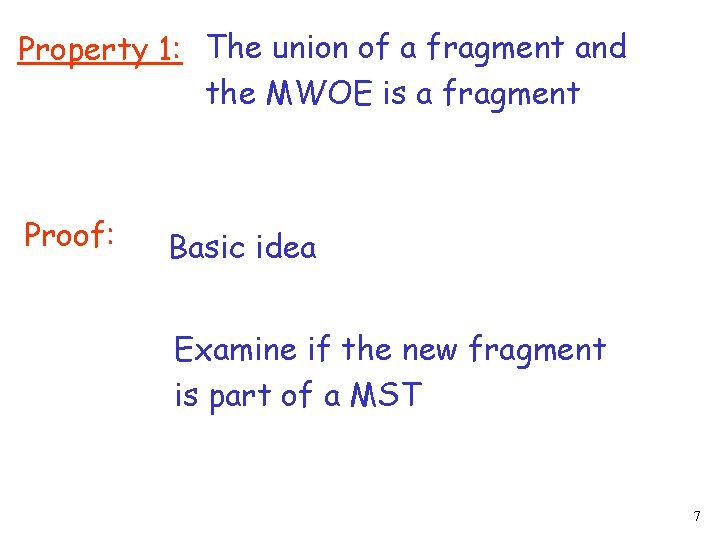 Property 1: The union of a fragment and the MWOE is a fragment Proof: