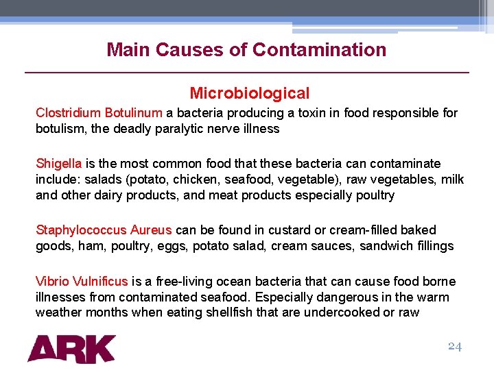 Main Causes of Contamination Microbiological Clostridium Botulinum a bacteria producing a toxin in food