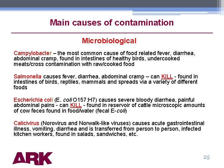 Main causes of contamination Microbiological Campylobacter – the most common cause of food related
