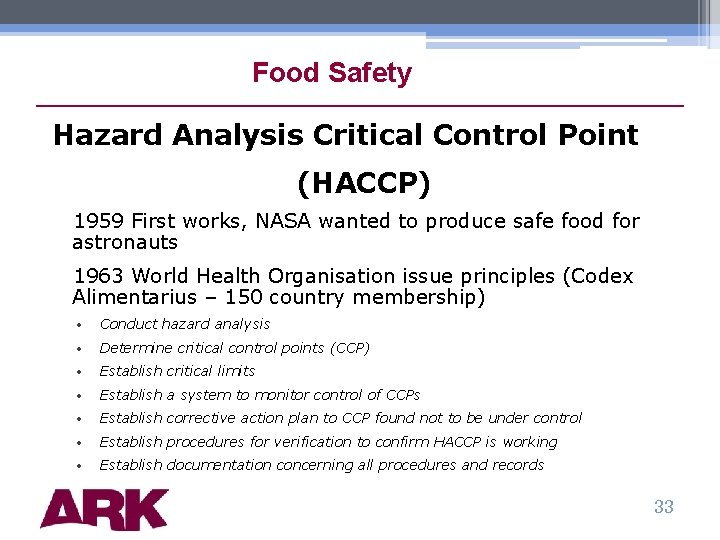 Food Safety Hazard Analysis Critical Control Point (HACCP) 1959 First works, NASA wanted to