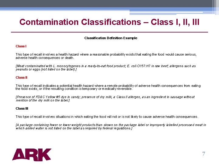 Contamination Classifications – Class I, III Classification Definition Example Class I This type of