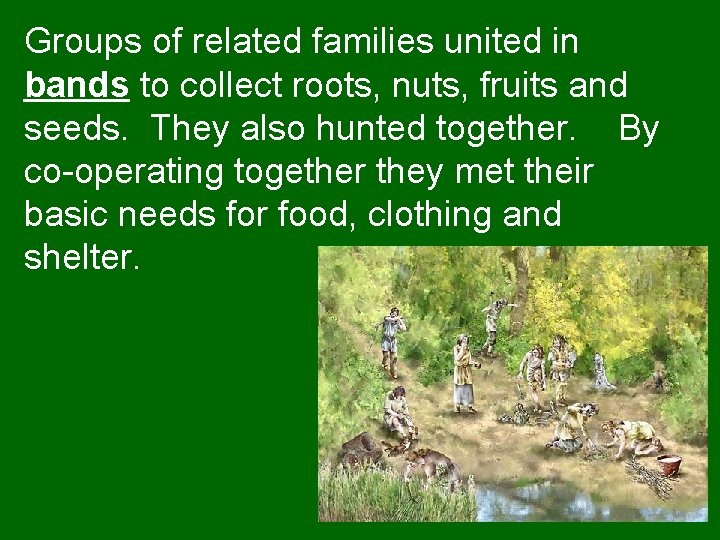 Groups of related families united in bands to collect roots, nuts, fruits and seeds.