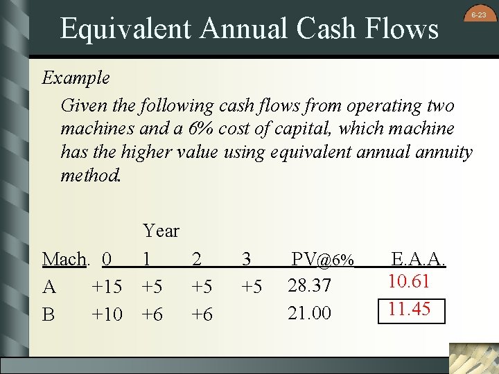 Equivalent Annual Cash Flows 6 -23 Example Given the following cash flows from operating
