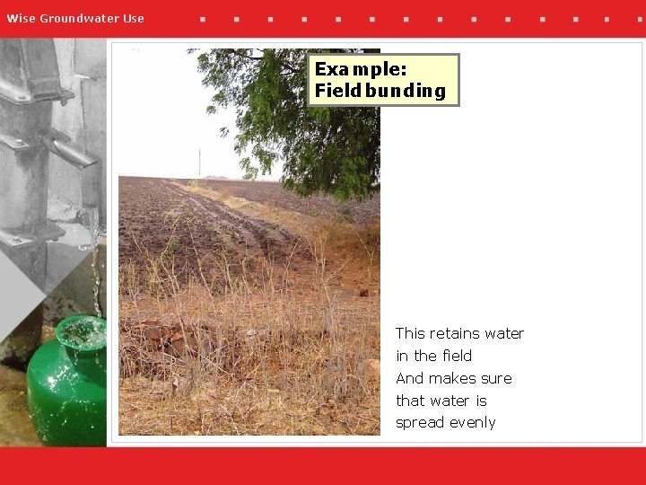 Wise Groundwater Use Example: Field bunding This retains water in the field And makes