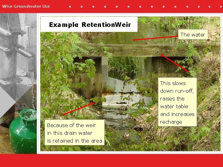 Wise Groundwater Use Example: Retention. Weir The water This slows down run-off, raises the