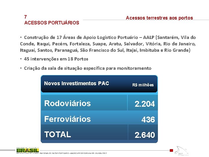 7 ACESSOS PORTUÁRIOS Acessos terrestres aos portos • Construção de 17 Áreas de Apoio