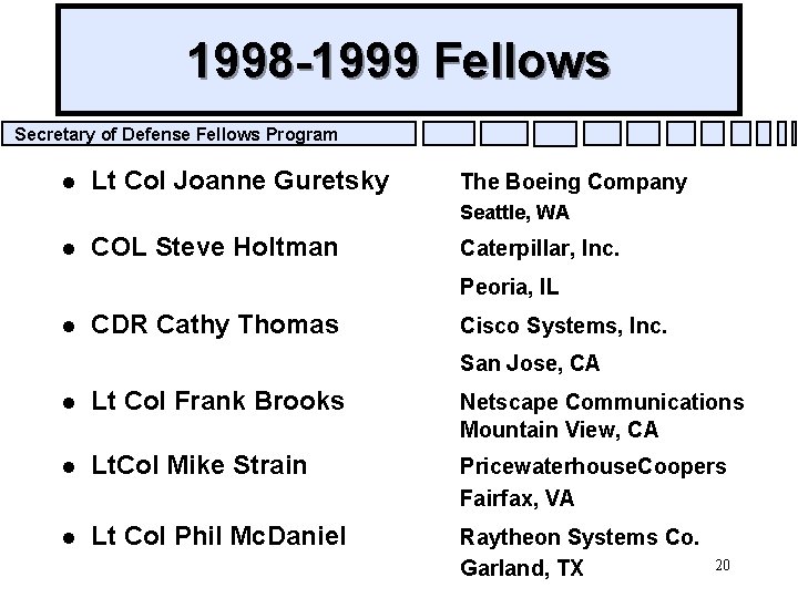 1998 -1999 Fellows Secretary of Defense Fellows Program l Lt Col Joanne Guretsky The