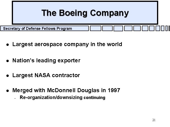 The Boeing Company Secretary of Defense Fellows Program l Largest aerospace company in the