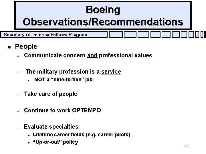 Boeing Observations/Recommendations Secretary of Defense Fellows Program l People – – Communicate concern and