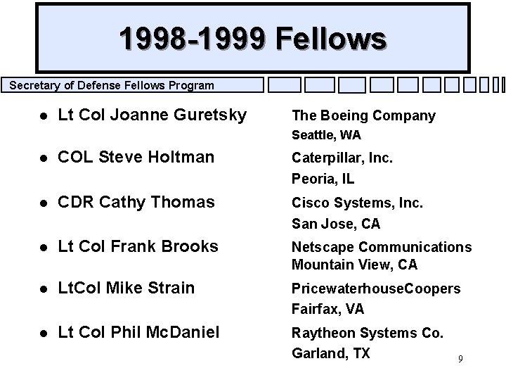 1998 -1999 Fellows Secretary of Defense Fellows Program l Lt Col Joanne Guretsky The
