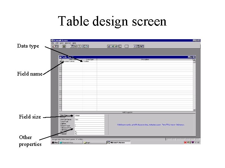 Table design screen Data type Field name Field size Other properties 