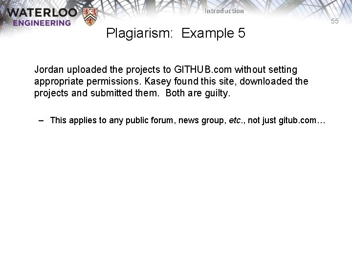 Introduction 55 Plagiarism: Example 5 Jordan uploaded the projects to GITHUB. com without setting