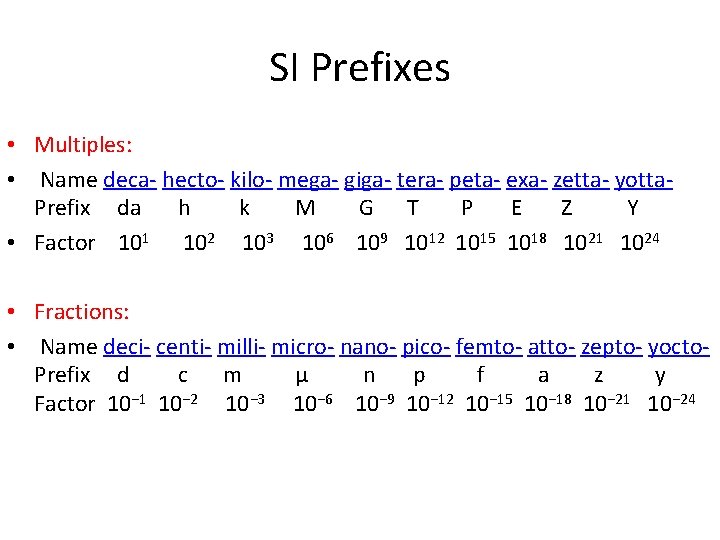 SI Prefixes • Multiples: • Name deca- hecto- kilo- mega- giga- tera- peta- exa- SI Prefixes • Multiples: • Name deca- hecto- kilo- mega- giga- tera- peta- exa-