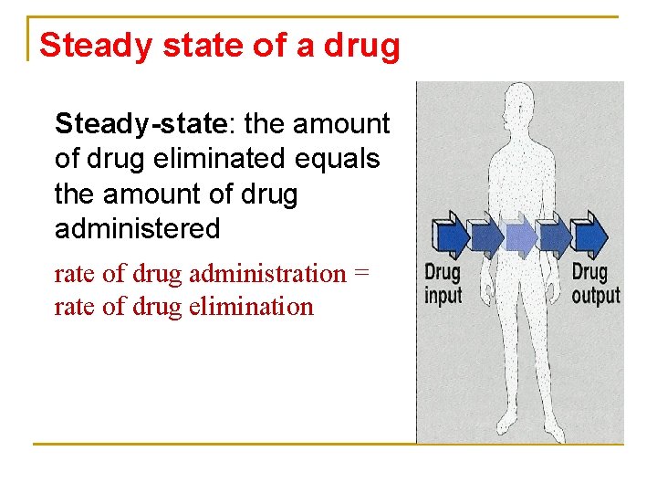 Steady state of a drug Steady-state: the amount of drug eliminated equals the amount