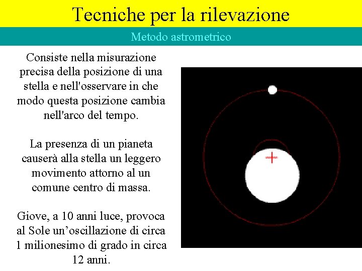 Tecniche per la rilevazione Metodo astrometrico Consiste nella misurazione precisa della posizione di una