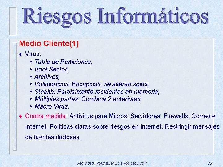 Medio Cliente(1) ¨ Virus: • Tabla de Particiones, • Boot Sector, • Archivos, •