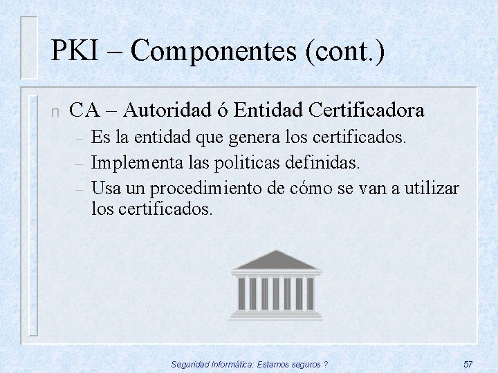PKI – Componentes (cont. ) n CA – Autoridad ó Entidad Certificadora – –